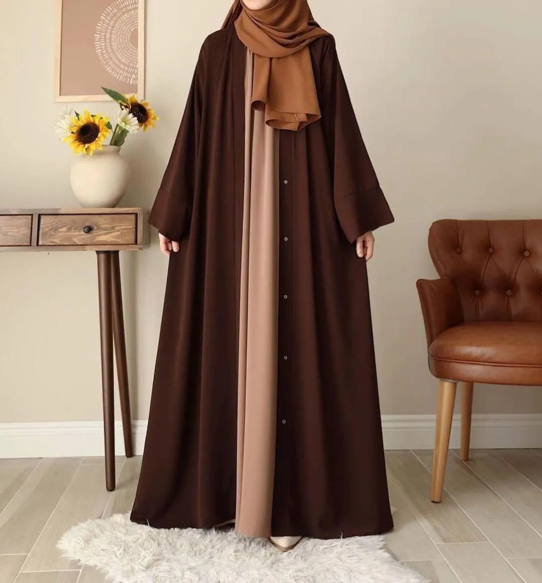 Elegant Georgette Plain Full Abaya for Women with Matching Stoller - Brown - Image 4