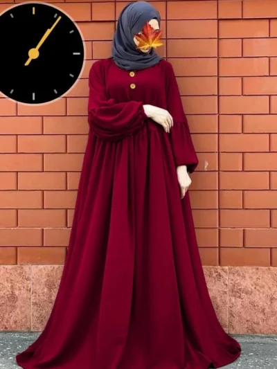 Maroon Georgette Plain Maxi Abaya with Matching Stroller for Women - Elegant Full-Length Ban Collar Design