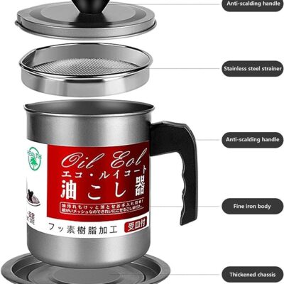 Oil Fryer Cooker with Stainless Steel Fine Mesh Filter & Lid | Food Grade Iron Oil Storage Pot with Handle | Reusable Cooking Oil Filter & Storage Container for Kitchen