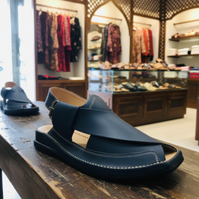 Blue Zalmi Leather Peshawari Chappal – Traditional Handmade Design with Modern Stylish Look, Comfortable Durable Leather Sandal for Men (Size 10)