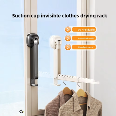 Folding Wall Mounted Clothes Drying Rack with Suction Cup – Retractable Space Saving Laundry Organizer, Portable Clothes Hanger Rack (Random Colour)
