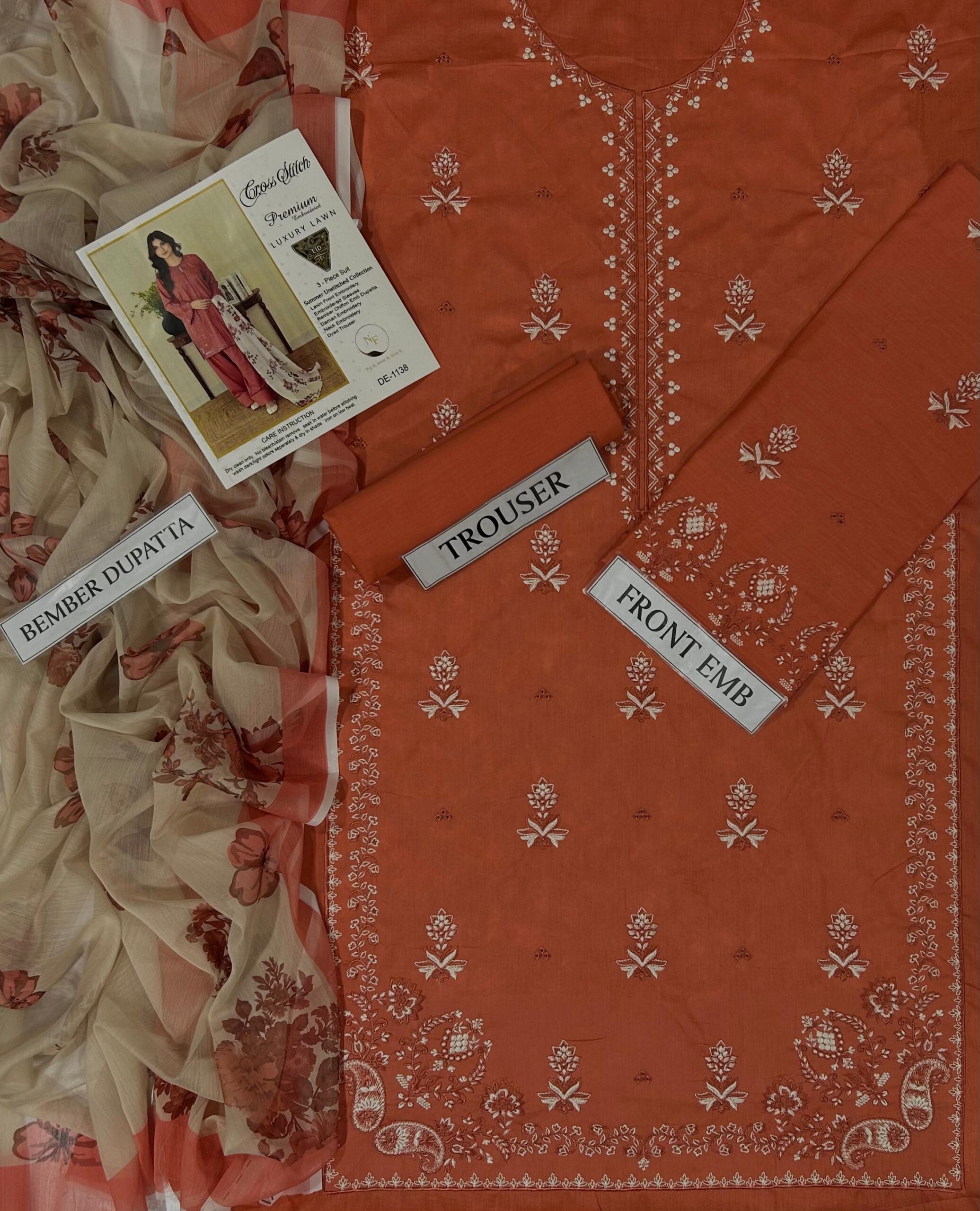 Cross Stitch 3PC Embroidered Lawn Suit – Premium Air-Jet Fabric (D#1138) - Image 3